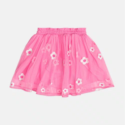 Conjunto Hello Kitty Saia Tule Bordado Flores Rosa Neon Momi