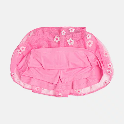 Conjunto Hello Kitty Saia Tule Bordado Flores Rosa Neon Momi