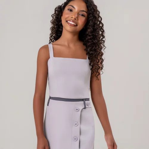 Conjunto Top e Saia Botoes Cinza Claro Vanilla