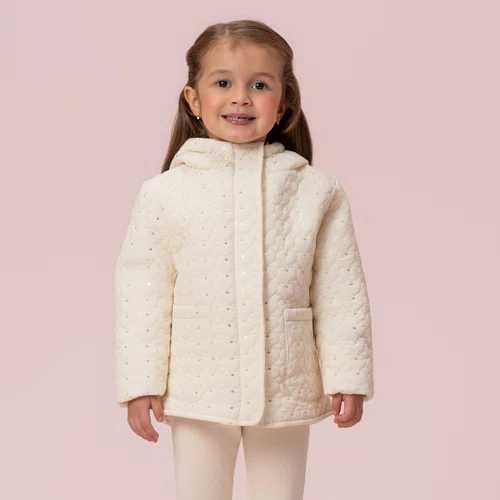 Jaqueta Puffer Corações  e Mini Paetês Off White Petit Cherie