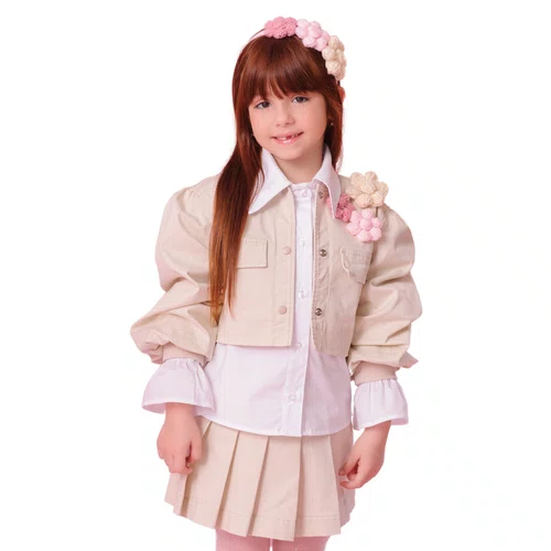 Jaqueta Sarja Manga Bufante Bege Flores Pituchinhus