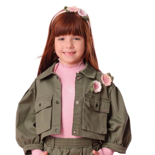 Jaqueta Sarja Verde Flores Croche Pituchinhus