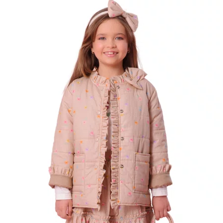 Maxi Casaco Puffer Algodão Floral Bege Pituchinhus