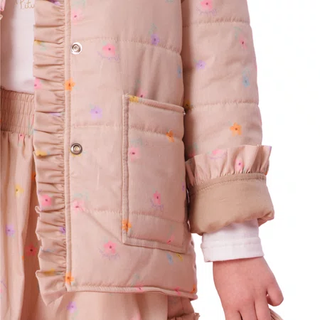 Maxi Casaco Puffer Algodão Floral Bege Pituchinhus