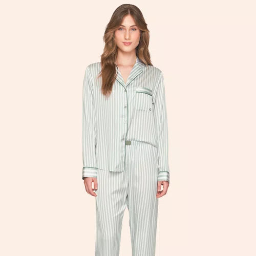 Pijama Aberto Feminino Longo em Satinê Listrado Dreams Only Lua Luá