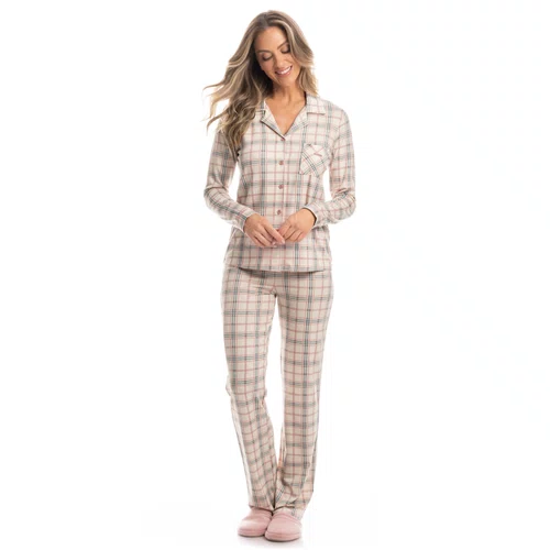 Pijama Aberto Longo Babi Xadrez Rosa Daniela Tombini