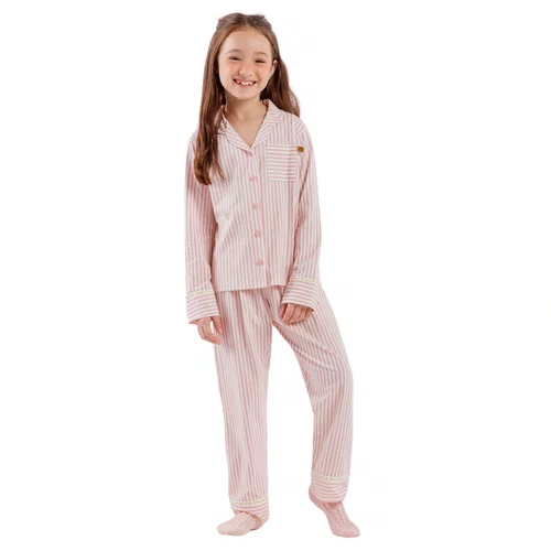 Pijama Aberto Longo Infantil Listras Rosa Cor Com Amor