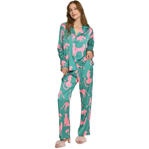 Pijama Cetim Longo Onça Verde Miss Victtoria