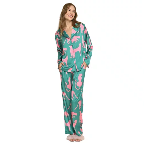 Pijama Cetim Longo Onça Verde Miss Victtoria