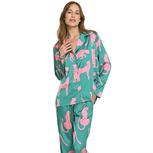 Pijama Cetim Longo Onça Verde Miss Victtoria