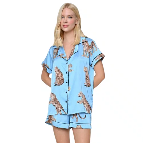 Pijama Curto Cetim Fluorita Onça Azul Miss Victtoria