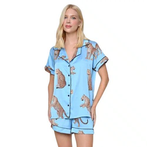 Pijama Curto Cetim Fluorita Onça Azul Miss Victtoria