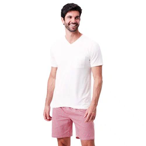 Pijama Curto Masculino Natal Xadrez Vermelho Joge