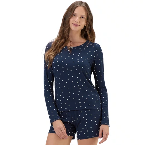 Pijama Feminino Canelado Marinho Corações Cor com Amor