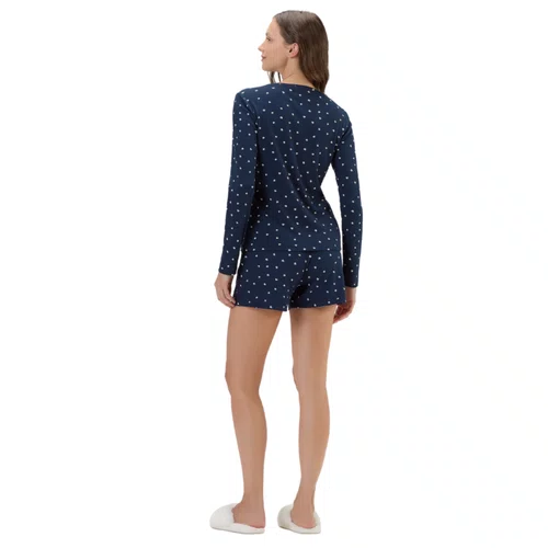 Pijama Feminino Canelado Marinho Corações Cor com Amor