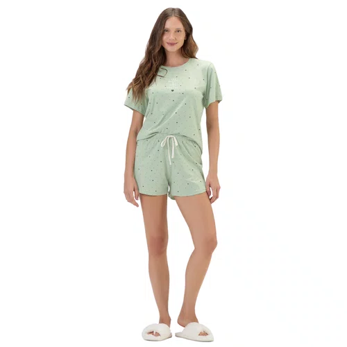 Pijama Feminino Curto Poás e Corações Verde Cor com Amor