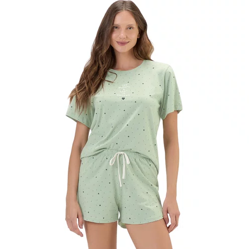 Pijama Feminino Curto Poás e Corações Verde Cor com Amor
