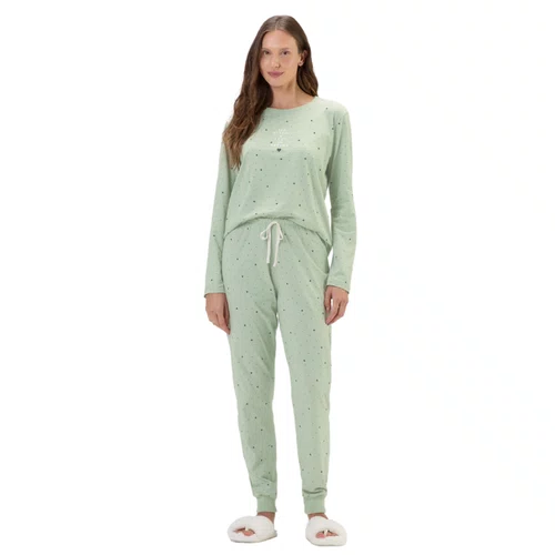 Pijama Feminino Longo Poás e Corações Verde Cor com Amor