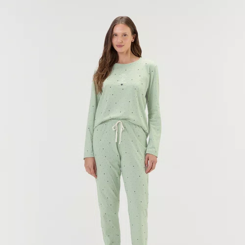 Pijama Feminino Longo Poás e Corações Verde Cor com Amor