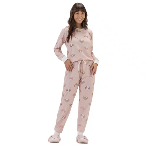 Pijama Feminino Malha Rosê Dogs Cor com Amor