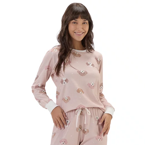 Pijama Feminino Malha Rosê Dogs Cor com Amor