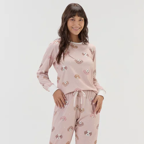 Pijama Feminino Malha Rosê Dogs Cor com Amor