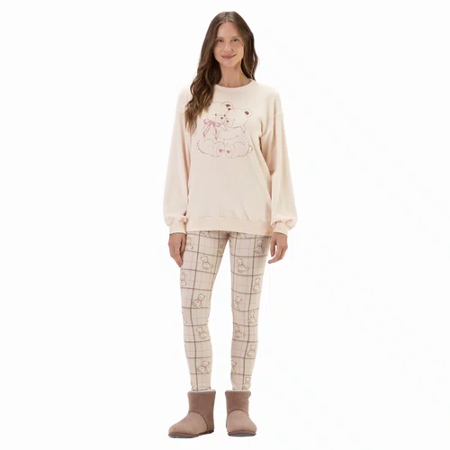 Pijama Feminino Moletinho Flanelado Ursos Abraço Cor com Amor