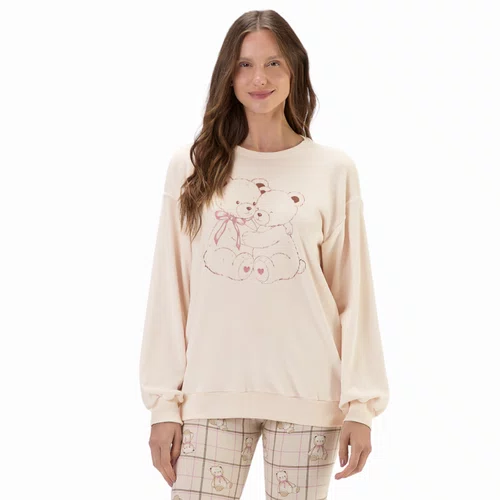 Pijama Feminino Moletinho Flanelado Ursos Abraço Cor com Amor