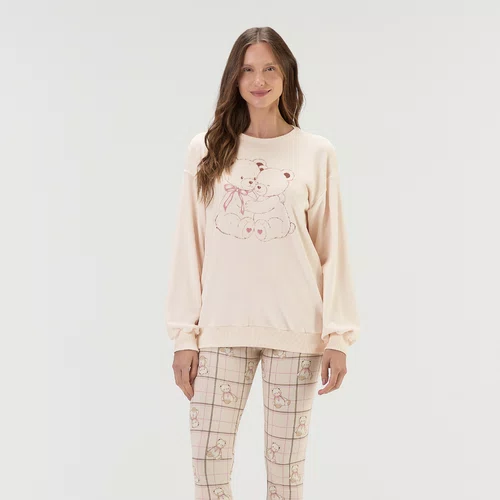 Pijama Feminino Moletinho Flanelado Ursos Abraço Cor com Amor