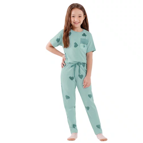Pijama Infantil Manga Curta e Calça Verde Corações Cor Com Amor