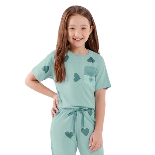 Pijama Infantil Manga Curta e Calça Verde Corações Cor Com Amor