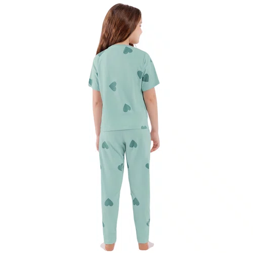 Pijama Infantil Manga Curta e Calça Verde Corações Cor Com Amor
