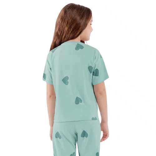 Pijama Infantil Manga Curta e Calça Verde Corações Cor Com Amor