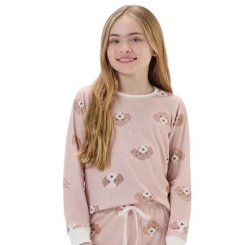 Pijama KIds Malha Rosê Dogs Cor com Amor