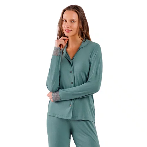 Pijama Longo Aberto verde Liso Classic Cor Com Amor