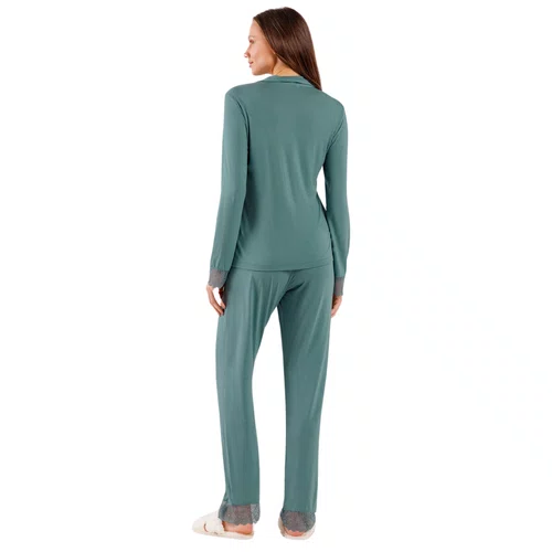 Pijama Longo Aberto verde Liso Classic Cor Com Amor