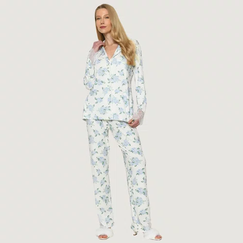 Pijama Longo Melina Hortensia Azul Miss Victtoria
