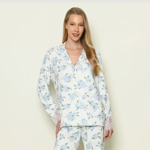Pijama Longo Melina Hortensia Azul Miss Victtoria