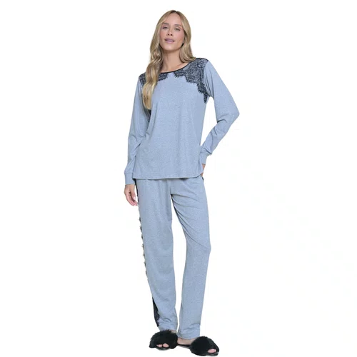 Pijama Longo Micheli Mescla e Renda Miss Victtoria