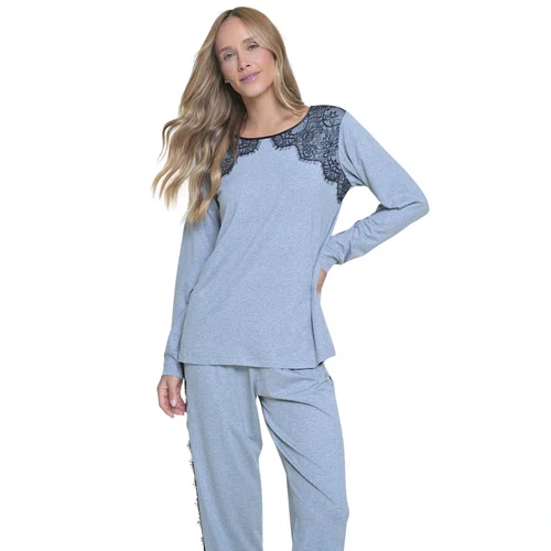 Pijama Longo Micheli Mescla e Renda Miss Victtoria