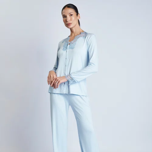 Pijama Longo Visco e Renda Azul Claro Aurora Revedenfant