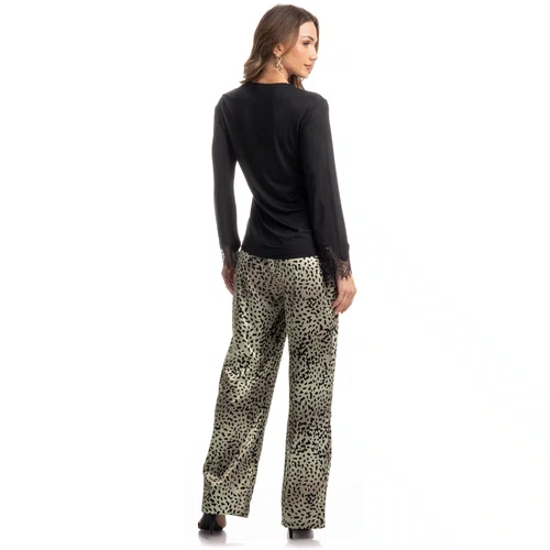 Pijama Wideleg Onça Renda Preto Daniela Tombini