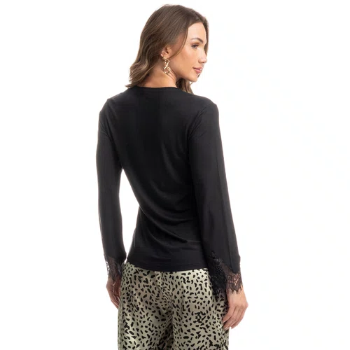 Pijama Wideleg Onça Renda Preto Daniela Tombini