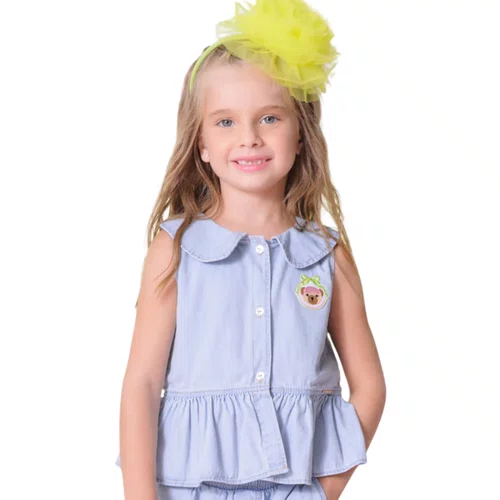 Regata Jeans Fino Babado Patch Ursinho Pituchinhus