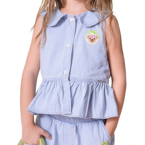 Regata Jeans Fino Babado Patch Ursinho Pituchinhus