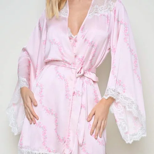 Robe Cetim Quartzo Floral Rosa Miss Victtoria
