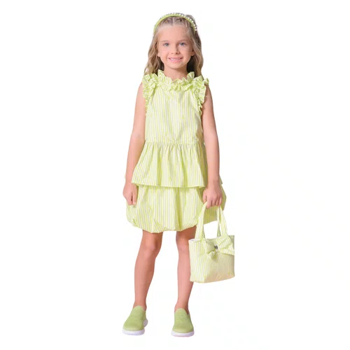 Saia Short Algodão Balonê Listras Verde Pituchinhus