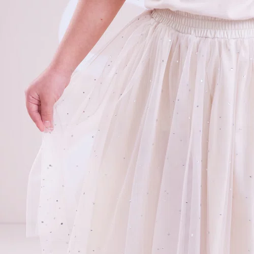 Saia Short Midi Tule Cristais Off White Pituchinhus