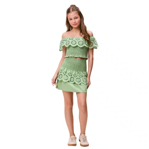 Saia Wind Babado Bordado Verde Cidreira Authoria