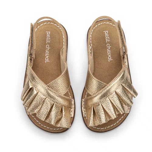 Sandália Babado Couro Dourado Dore Petit Cheval